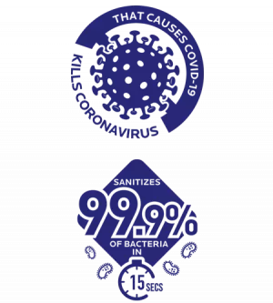 Blue graphics of SARS CoV-2 virus shell covered in spikes with Kills Coronavirus That Causes COVID-19; and Sanitizes 99.9% of Bacteria in 15 SECS in a stopwatch