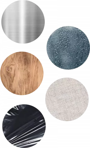 Five close-up shots of surfaces: wood, fabric, plastic, glass, counter top