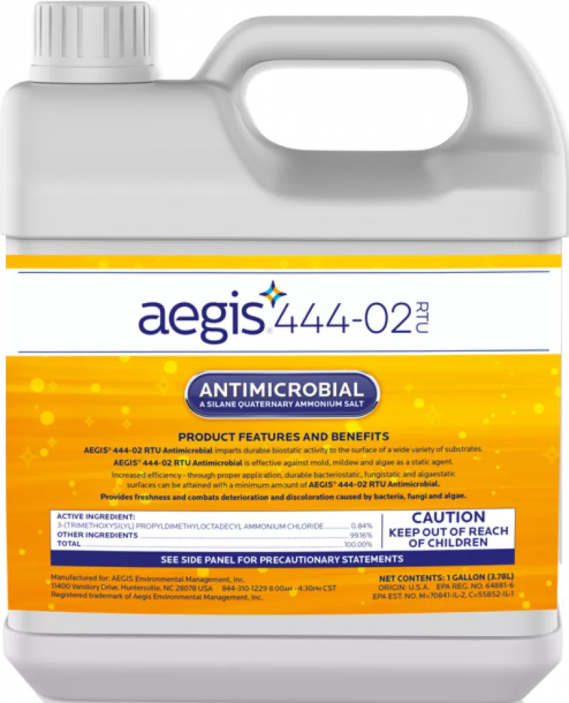 Grey plastic container with orange label of aegis 444-02 antimicrobial productRTU-444-02