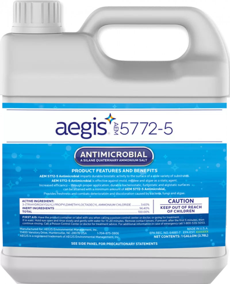 Grey plastic container with blue label of aegis 5772-5 antimicrobial productAEM-5772-5