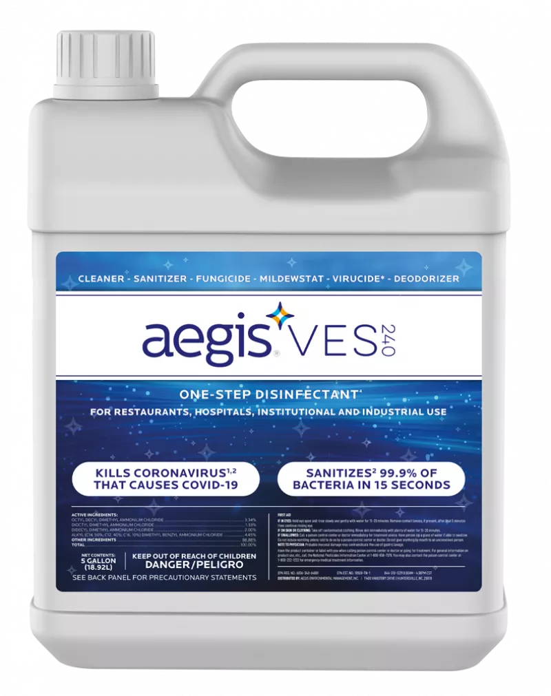 Grey plastic container with blue label of aegis VES 240 antimicrobial productVES 240